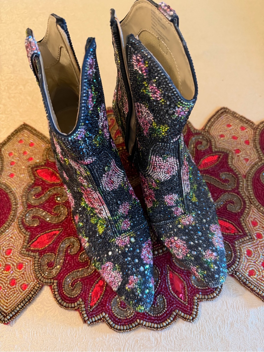 Betsey Johnson Black Floral Crystal Embellished Ankle Boots